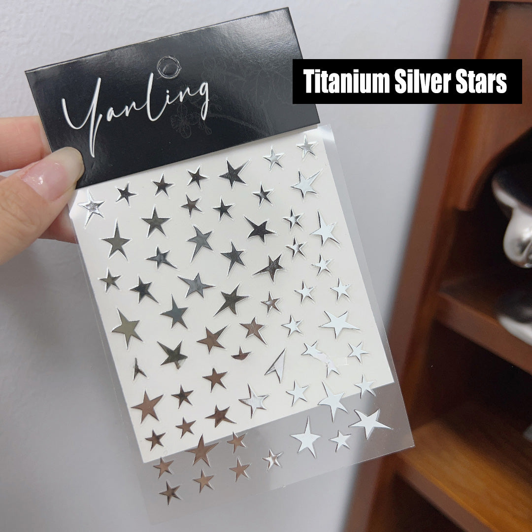 ADHERE 3D Nail Art Sticker Set | 5 Designs of Red Ribbon Bows + Titanium Silver 3D Star Decorations – Creative Dimensional Nail Stickers