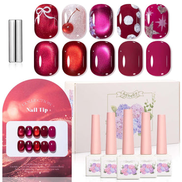 ADHERE 12ml x5 Smoking Red Collection Gel Polish Kit with Magnetic Stick, 3x Cat Eye + 2x Color Gel Cat Eye Gel Polish Holographic Glitter UV LED Nail Varnish for Nail Salon DIY Design