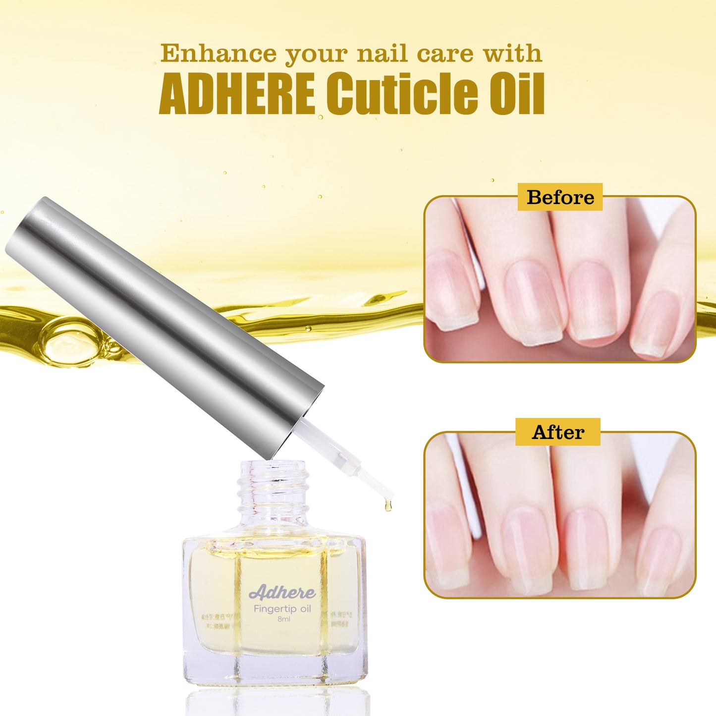 ADHERE Cuticle Oil, 8ml, Jojoba & Vitamins, Soft Brush, for Nourishing & Nail Care (Milky)