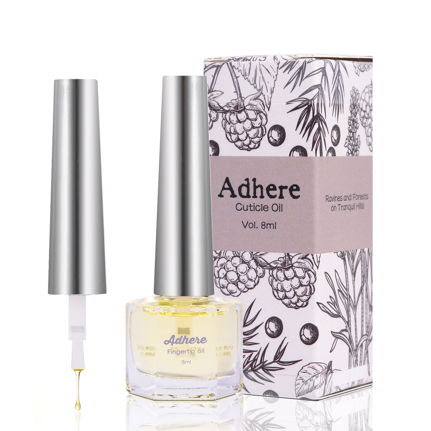 ADHERE Cuticle Oil, 8ml, Jojoba & Vitamins, Soft Brush, Nourishing & Repairing (Berries Scent)