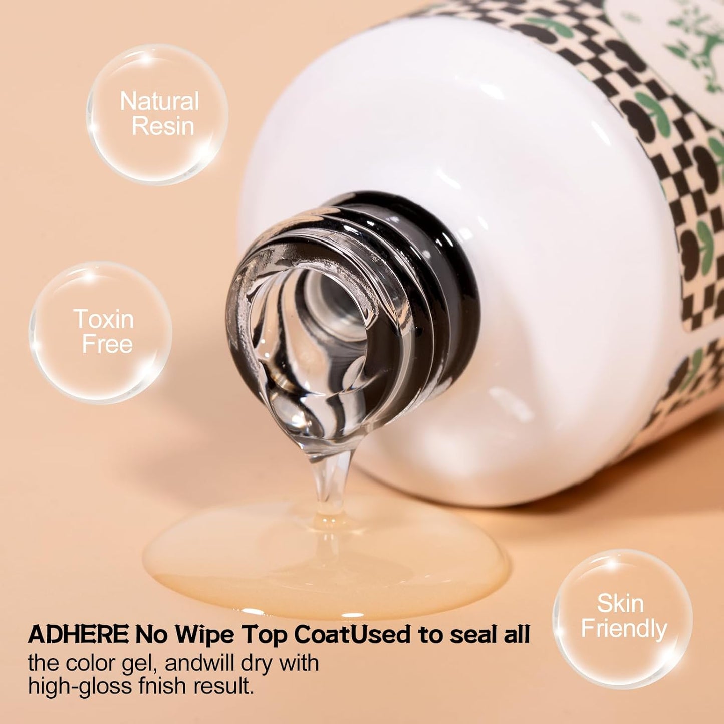 ADHERE Top Coat- 15ML No Wipe Top Coat Gel Nail Polish,Clear Color Gel Shine Finish and Long Lasting