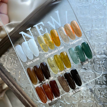 Adhiera la serie Vintage Amber Tortoiseshell | Esmalte de uñas de gel de café marrón semisparente de caramelo ámbar | Elegantes uñas de otoño e invierno