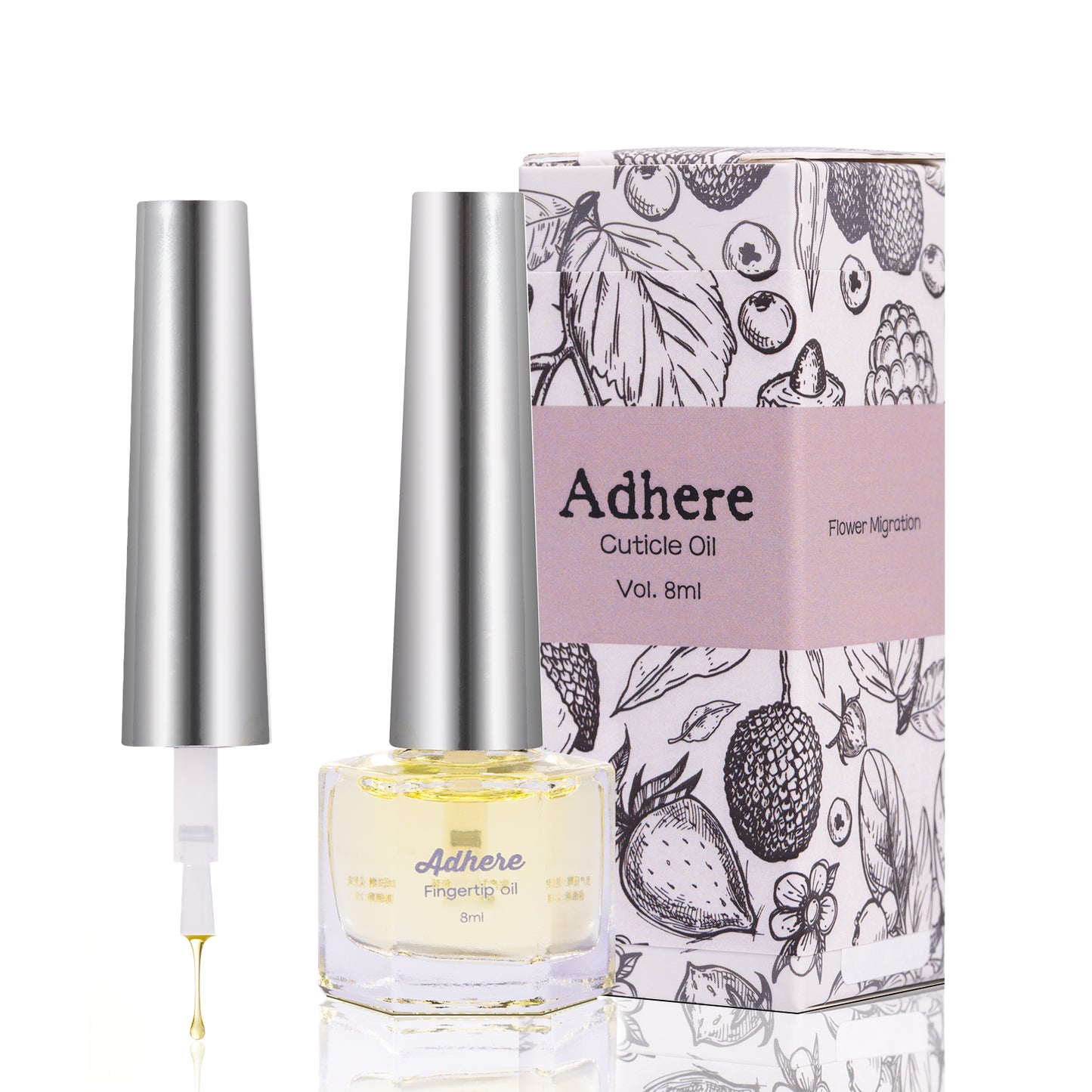 ADHERE Professional Cuticle Oil, 8ml, Jojoba Oil with Vitamins, Soft Brush, for Nourishing & Nail Care (Floral)