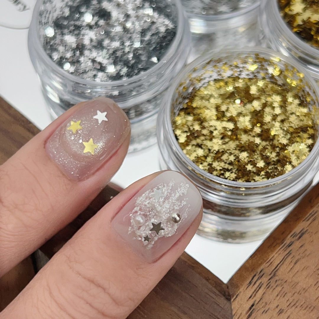 ADHERE Star Shaped Glitter Nail Decorations | Gold & Silver Star Flakes · Multi-Size Tiny Glitters · Fairy-Tale Nail Art Essentials