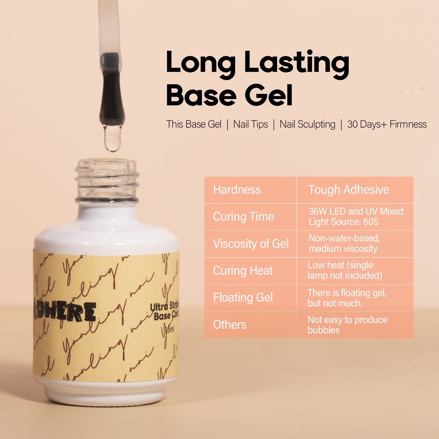 ADHERE Ultra Strong Base Coat, 15ml, Long-Lasting, Soak-Off, Clear Gel Foundation for Nail Charms & Press-On Nails