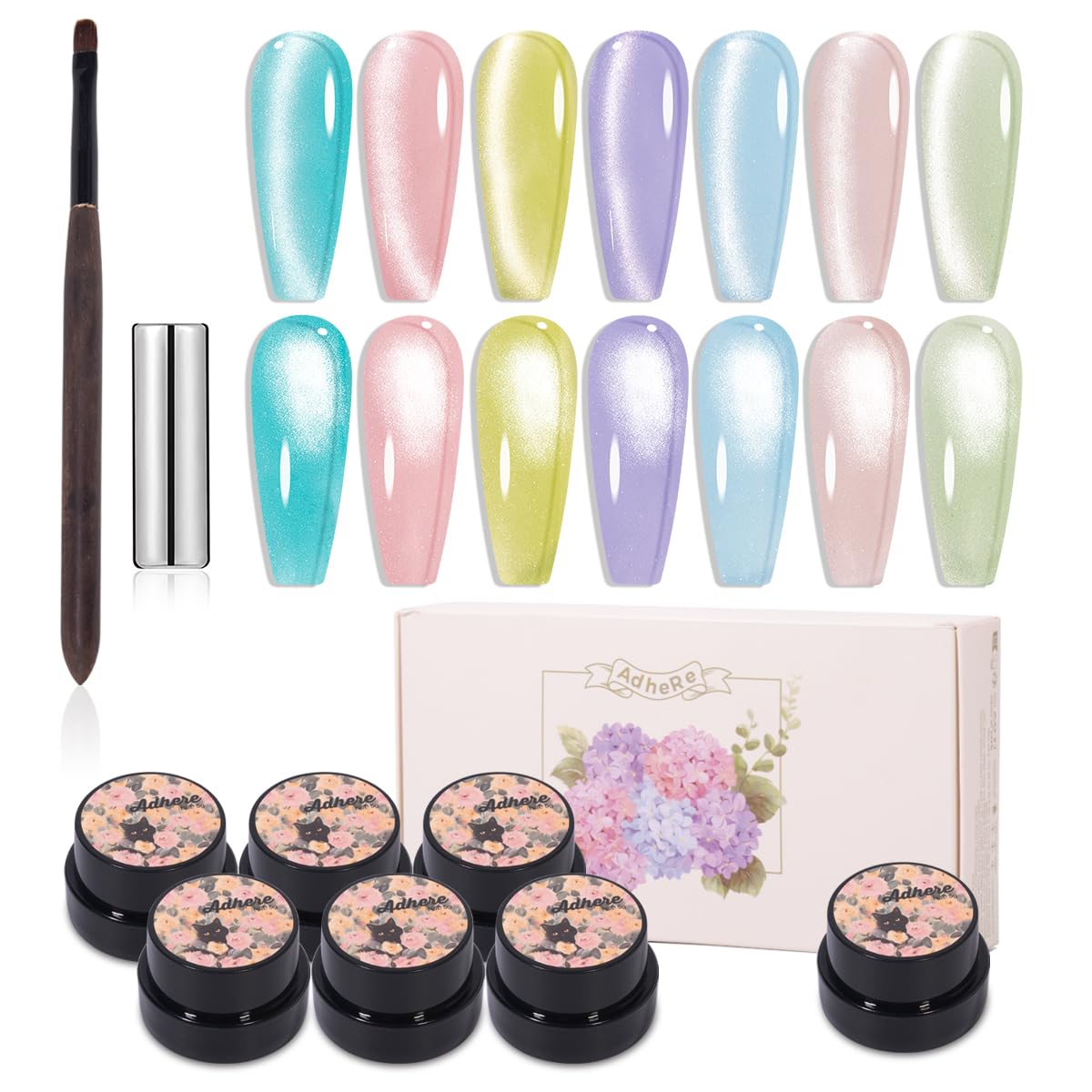 ADHERE Realm of Freedom Cat Eye Gel Polish Set with Magnetic Stick and Brush, Holographic Glitter UV/LED Cat Eye Gel Polish Nail Varnish for Nail Salon