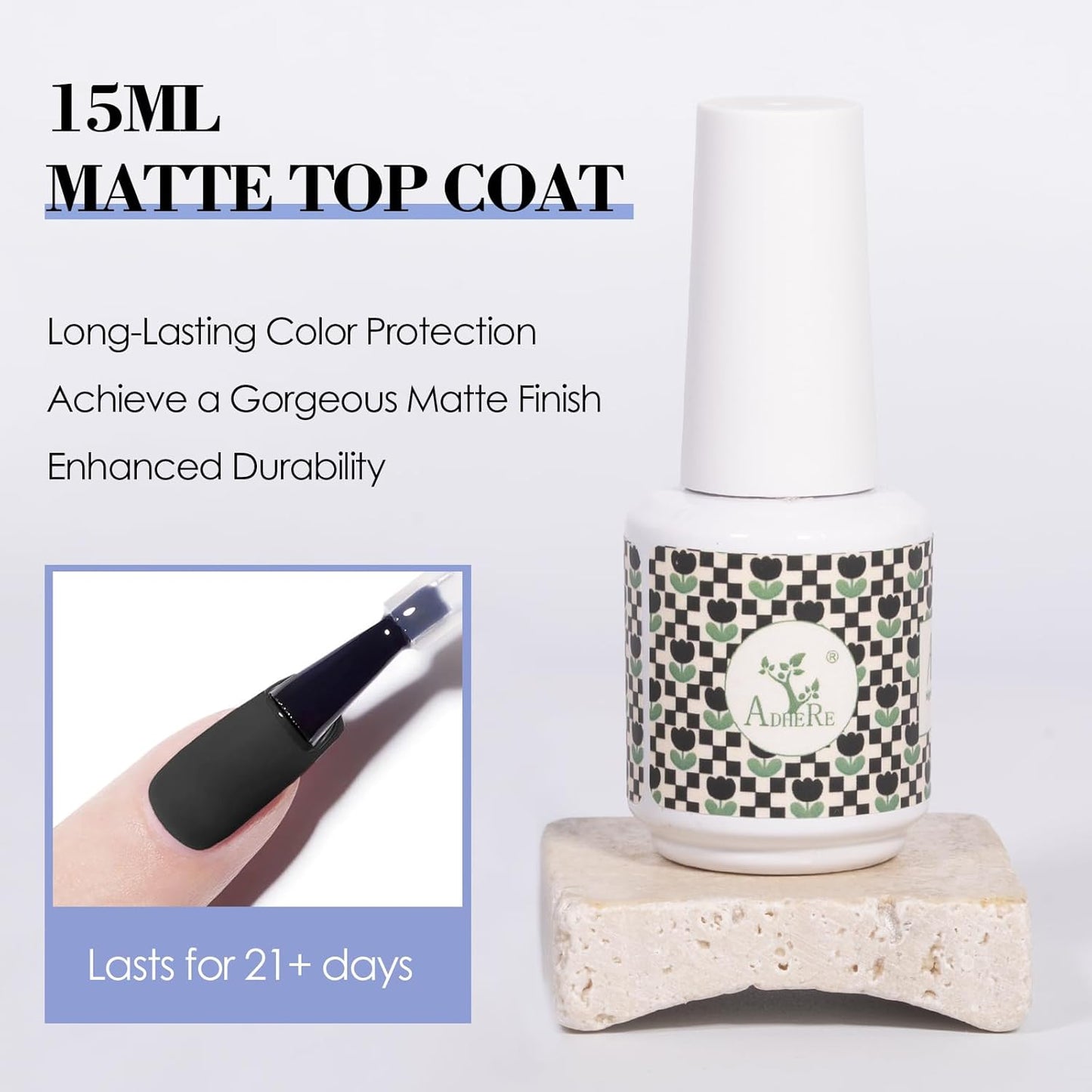 ADHERE Matte Gel Top Coat 15ML,No Wipe Matte Top Coat Soak Off LED Nail Lamp Gel Nail Polish Matte Finish