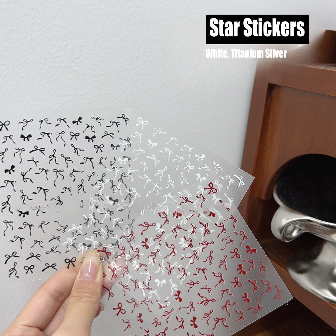 ADHERE 3D Nail Art Sticker Set | 5 Designs of Red Ribbon Bows + Titanium Silver 3D Star Decorations – Creative Dimensional Nail Stickers