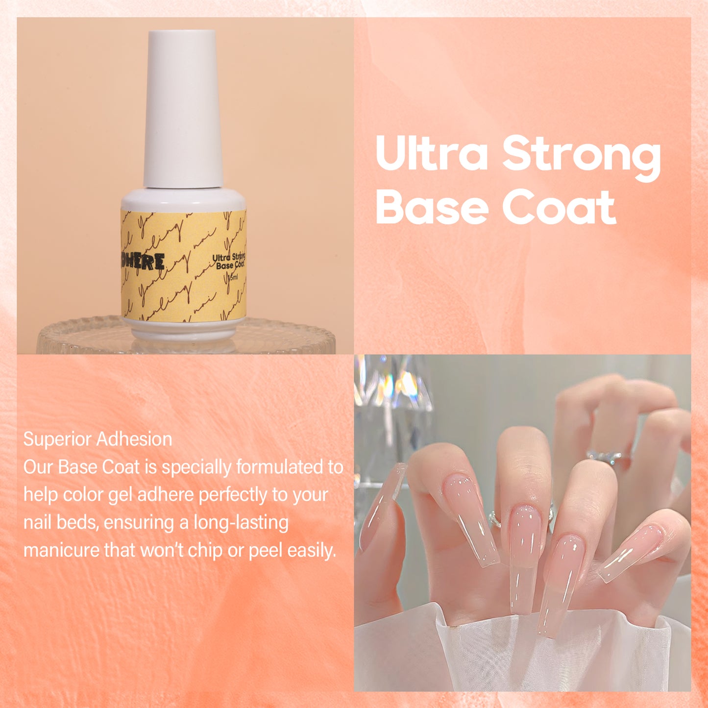 ADHERE Ultra Strong Base Coat, 15ml, Long-Lasting, Soak-Off, Clear Gel Foundation for Nail Charms & Press-On Nails