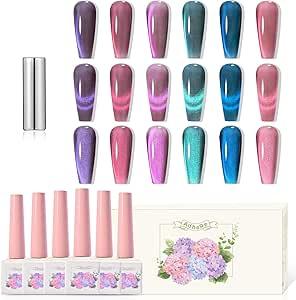ADHERE Watercat Series Cat Eye Magnetic Nail Polish Gel Set, 12ml, 6pcs, Fine Glitter, DIY Salon Gift