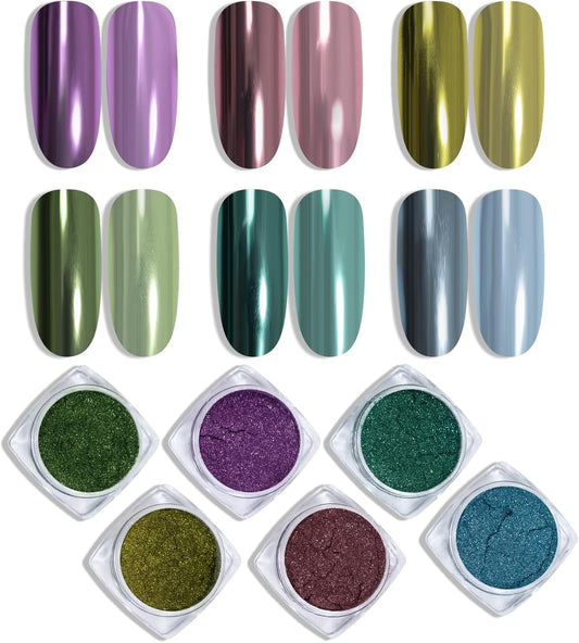 ADHERE Chrome Mirror Powder Nail Set - Metallic Holographic Chrome Nail Powder Purple Green Blue Gold Nail Chrome Powder for Gel Nails Manicure Nail Art Decoration Glitter, 6 Colors 1g