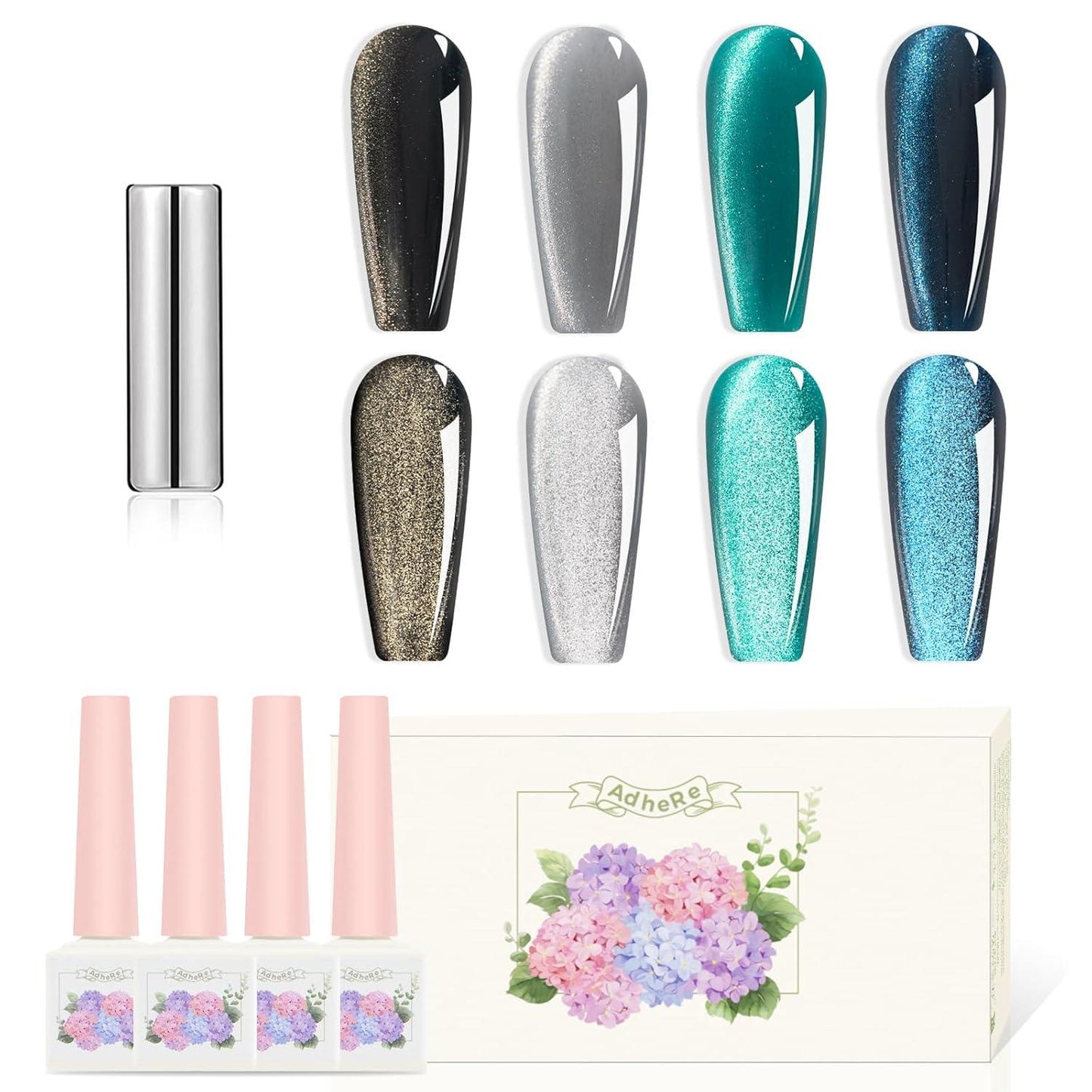 Adhierte el kit de uñas de gel de ojo de gato de jade frío, 12 ml, 4 colores holográficos, imán, uv/led, bricolaje