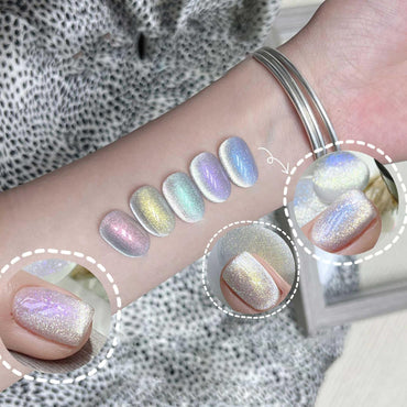 ADHERE Cat Eye Gel Nail Polish 5 Colors Pink Green Purple Blue Glitter Cat Eye Gel Polish Holographic with Magnet Stick and Brush Soak Off Led Nail Art DIY Salon Gifts For Women Girl