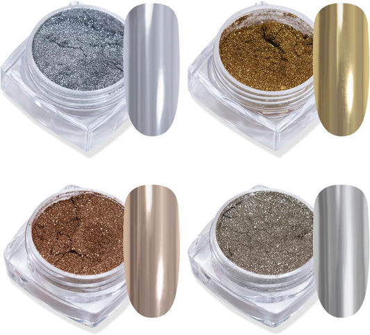 ADHERE Elder Gods Series Nail Powder Set - Metallic Holographic Chrome Nail Powder Gold Silver Nail Chrome Powder for Gel Nails Manicure Nail Art Decoration Glitter, 4 Colors 1g