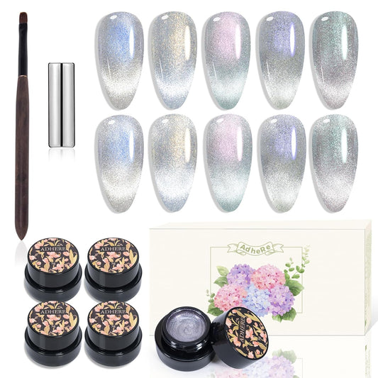 ADHERE Cat Eye Gel Nail Polish 5 Colors Pink Green Purple Blue Glitter Cat Eye Gel Polish Holographic with Magnet Stick and Brush Soak Off Led Nail Art DIY Salon Gifts For Women Girl