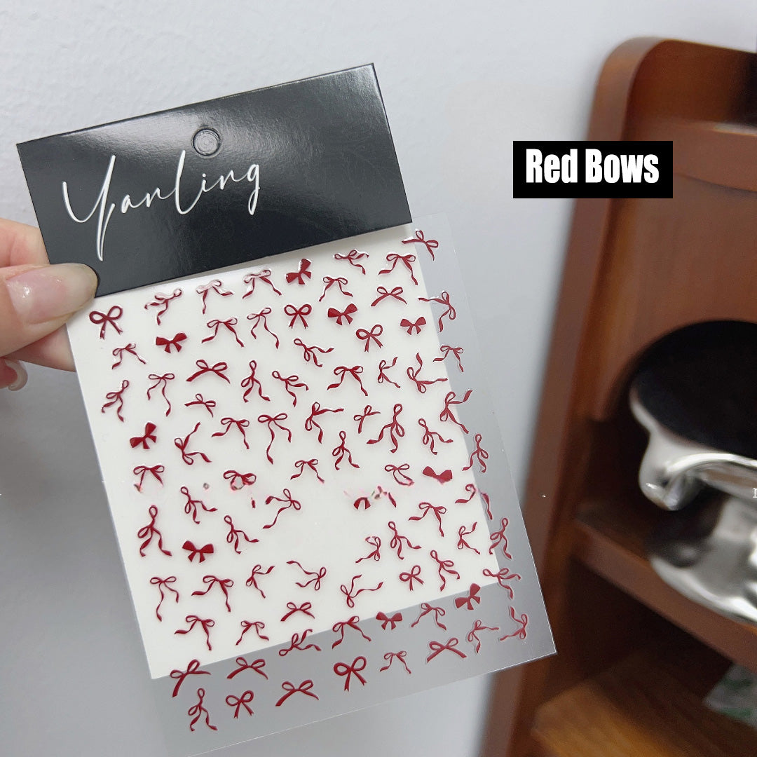 ADHERE 3D Nail Art Sticker Set | 5 Designs of Red Ribbon Bows + Titanium Silver 3D Star Decorations – Creative Dimensional Nail Stickers