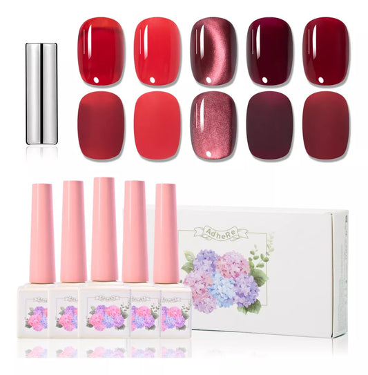 Adhierte el juego de esmalte de uñas de gel de la serie roja, 12 ml, 5 colores, rojo burdeos, led de remojo, regalo para mujeres