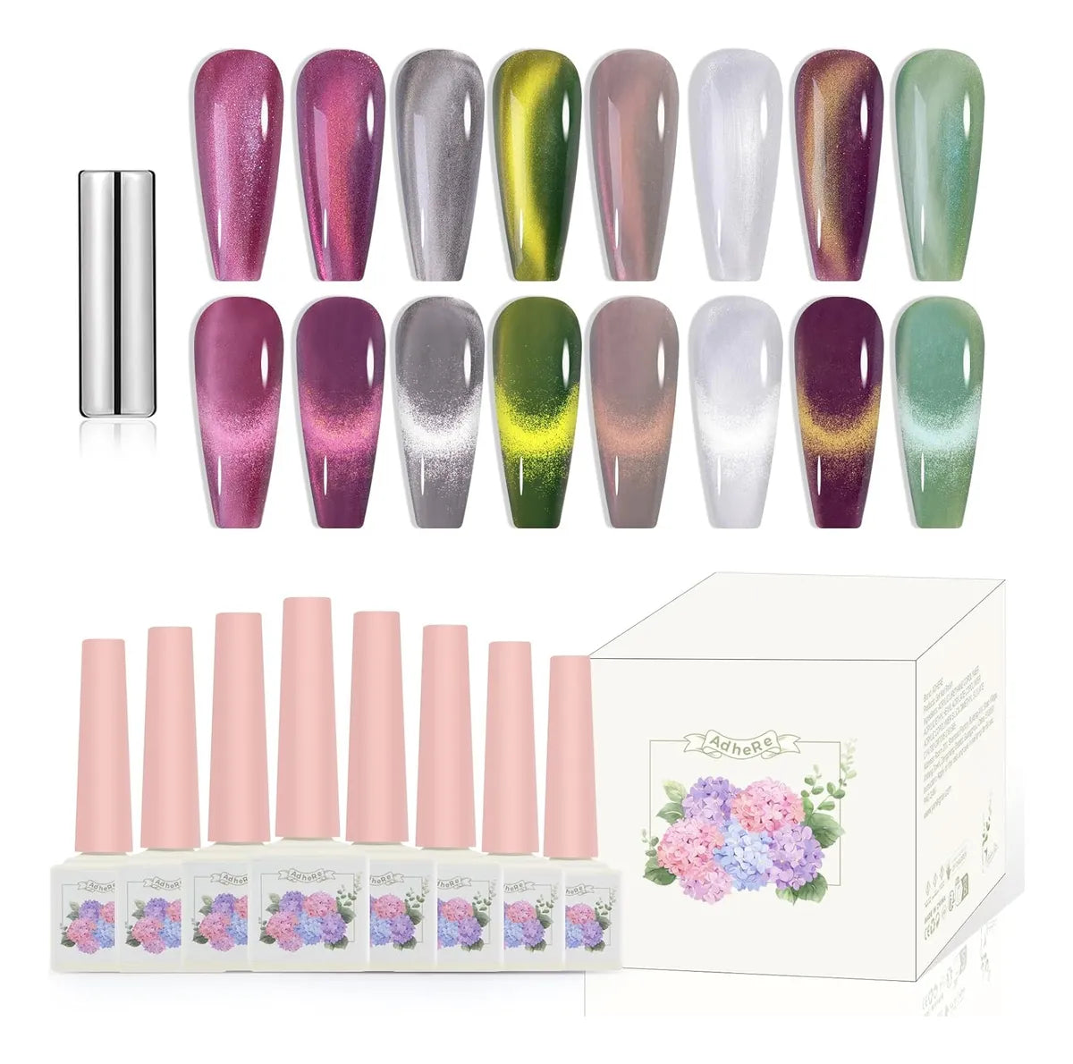ADHERE Late Summer Series - Purple Grey Green White Magnetic Gel Nail Varnish Glitter Shimmering Sparkle Nail Art with Magnetic Effects Cat Eye Nail Gel Polish