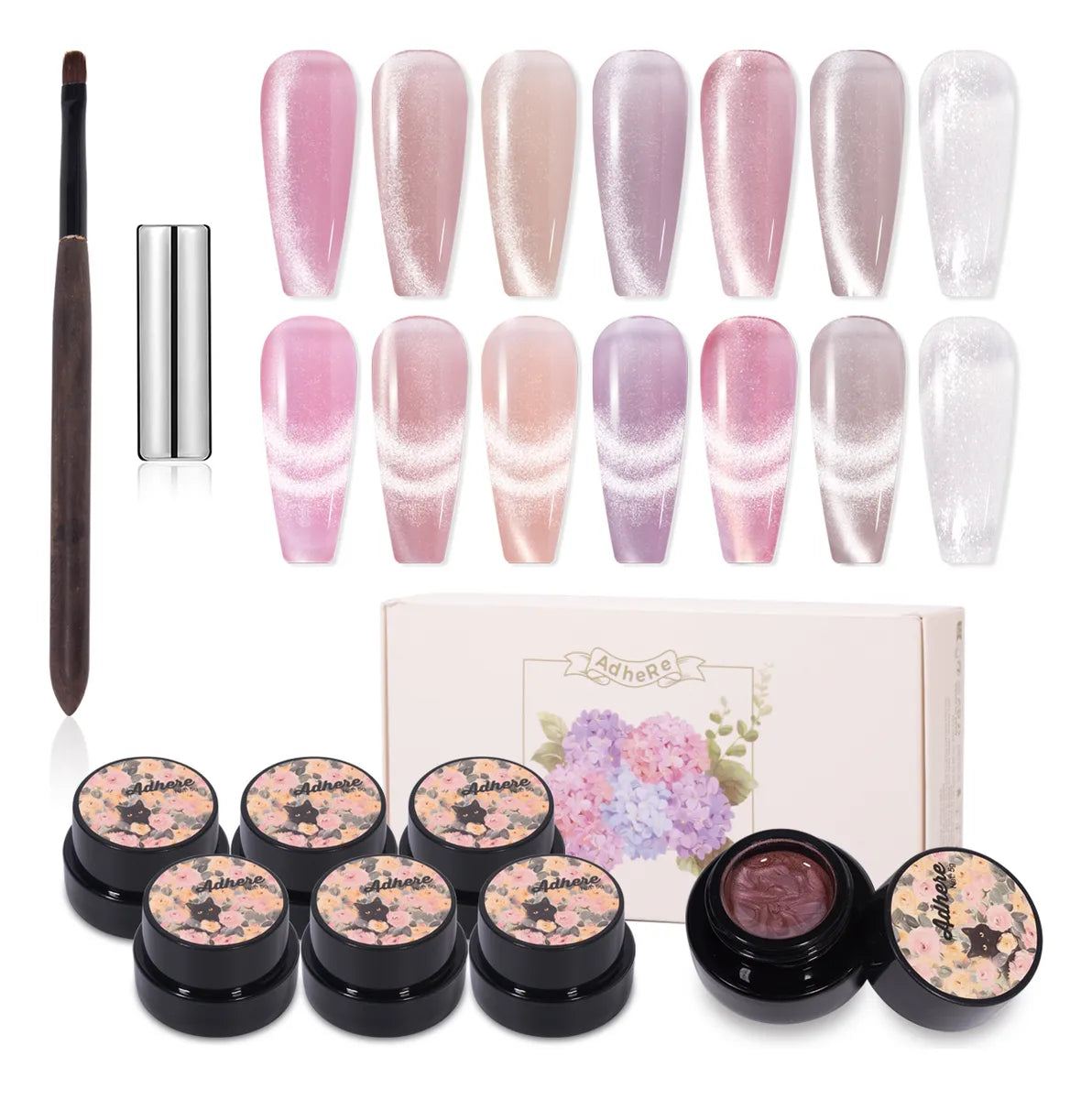Adhierve el kit de uñas de gel de ojo de gato previo a la fila, 12 ml, 7 colores holográficos, imán, remojo, LED, regalo de bricolaje