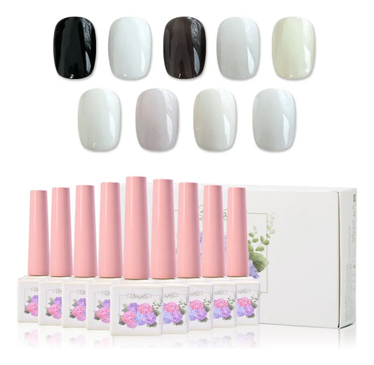 ADHERE All White Series Gel Nail Polish Set – 9 Colors of Milky White, Off-White, Pure White, Sheer White, Eggshell & Pure Black, Sheer Black – 5ml Each, UV/LED Soak Off Gel for Manicure and Nail Art