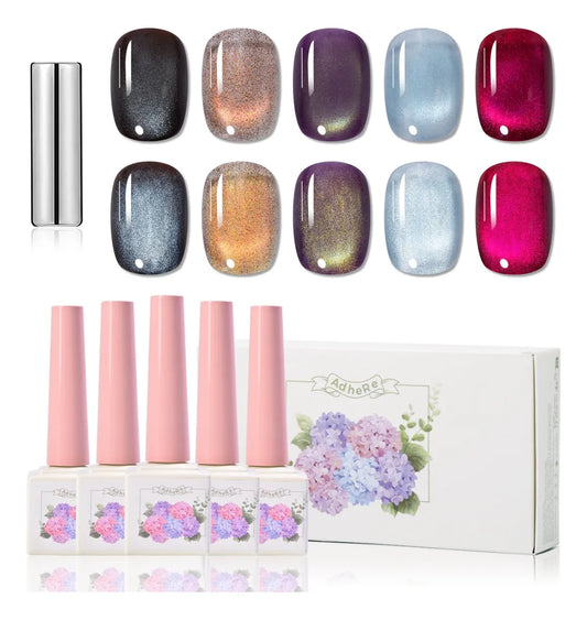 ADHERE Trend Vane Series Cat Eye Gel Nail Polish Set – 5 Colors Inspired by Dragon Fruit, Kyoho Grape, Sunset Sky – Magnetic Gel Polish for Salon & DIY Manicure, 12ml Each