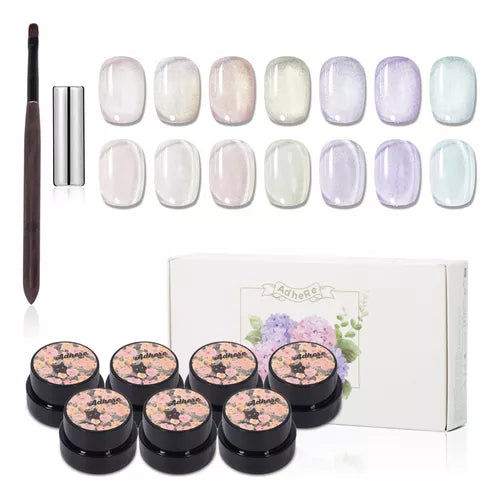 ADHERE 7pcs Translucent Meow Series Cat Eye Gel Polish Set with Magnetic Stick and Brush, Holographic Glitter Cat Eye Gel Polish