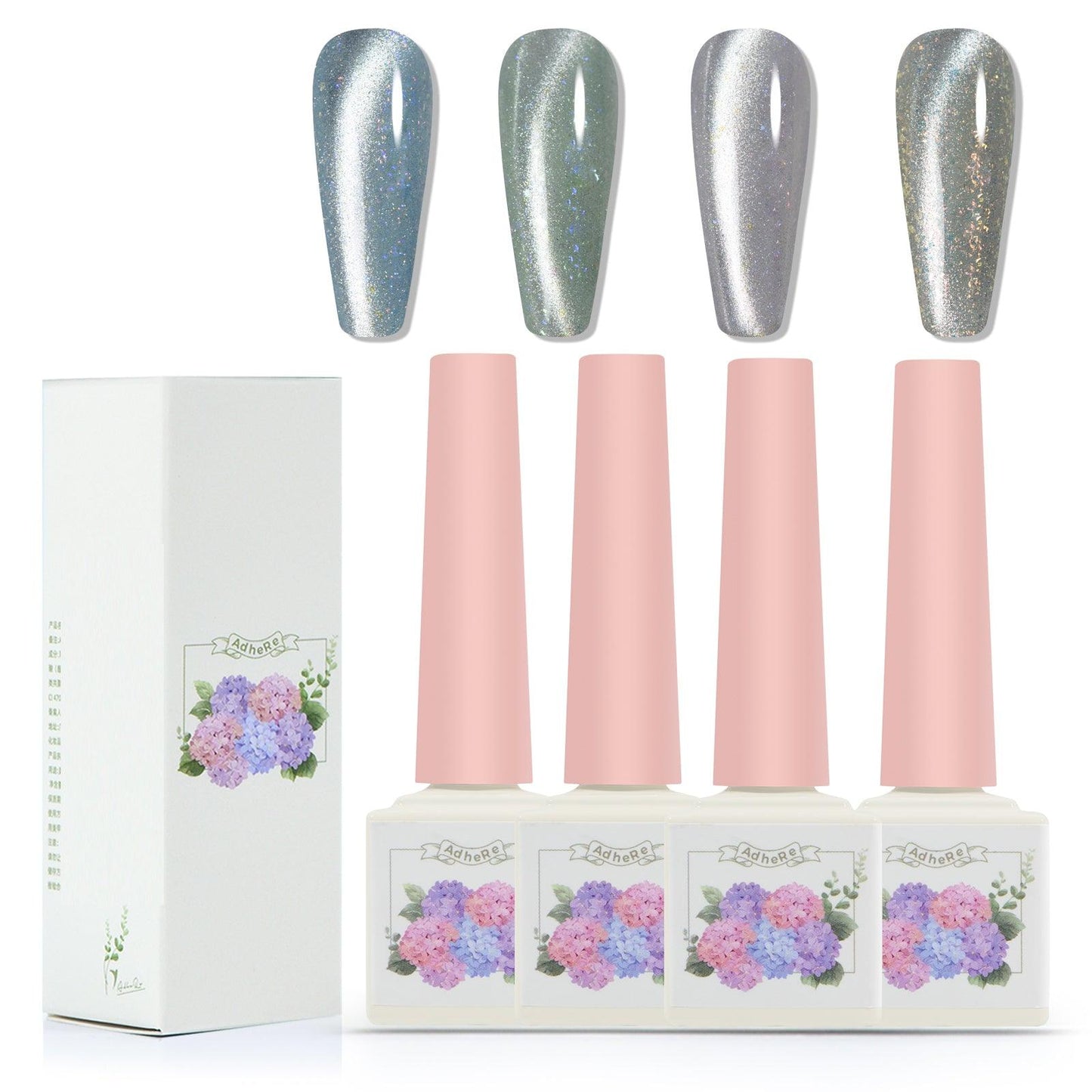 ADHERE Half-City Bloom Series Cat Eye Gel Nail Polish Set, 12ml, 4 Colors Holographic Glitter, with Magnet