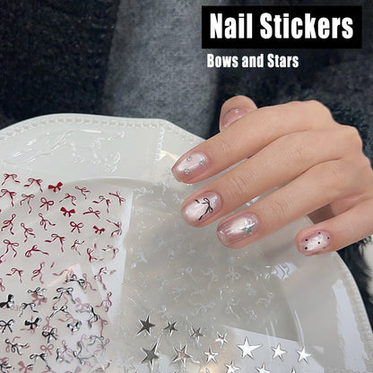 ADHERE 3D Nail Art Sticker Set | 5 Designs of Red Ribbon Bows + Titanium Silver 3D Star Decorations – Creative Dimensional Nail Stickers