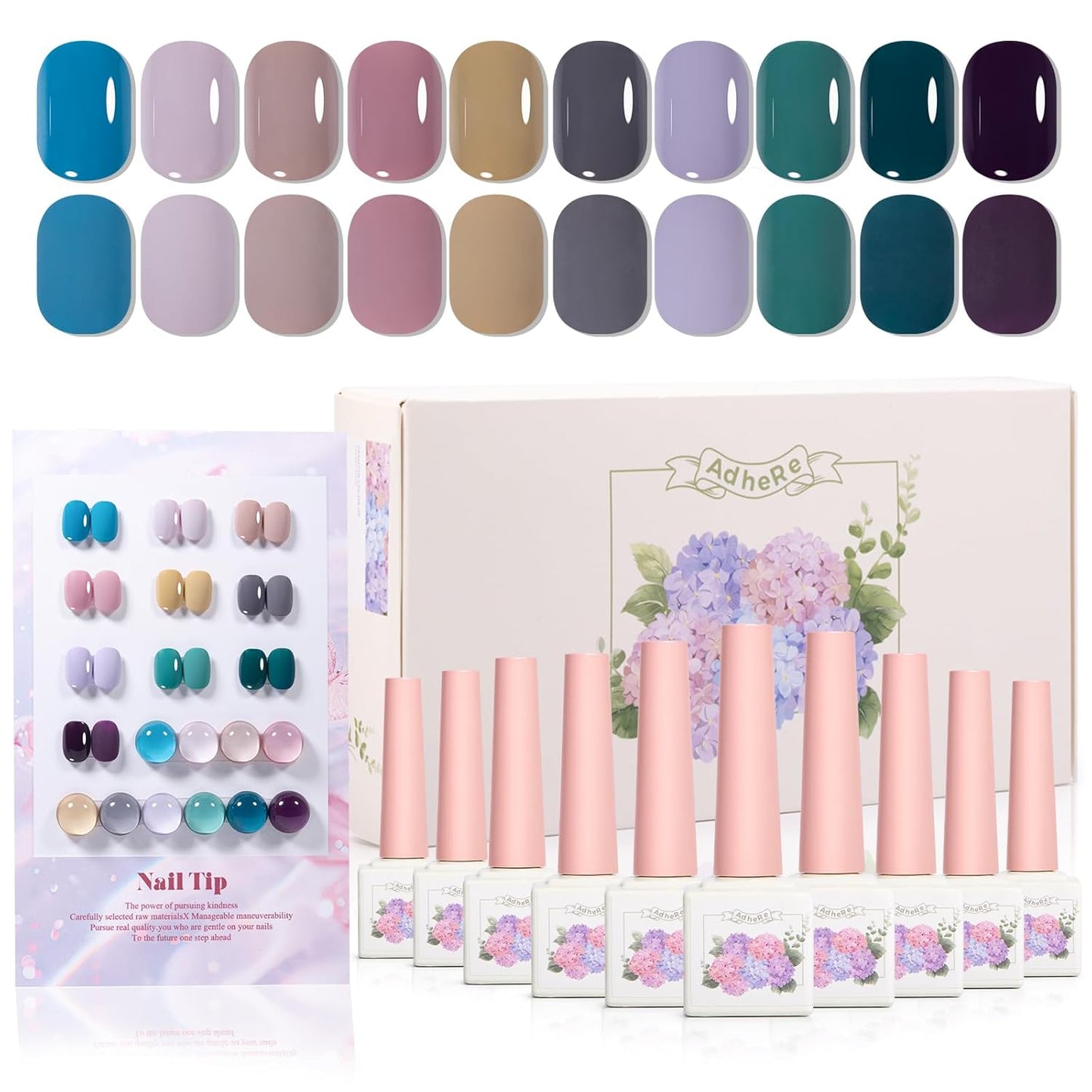 ADHERE 12ml x10 Color Polish Gel Kit, Light Purple Blue Pink Yellow Dark Green UV LED Gel Nail Polish, Soak Off Nail Varnish Gel Polish for Manicure Salon DIY Design at Home