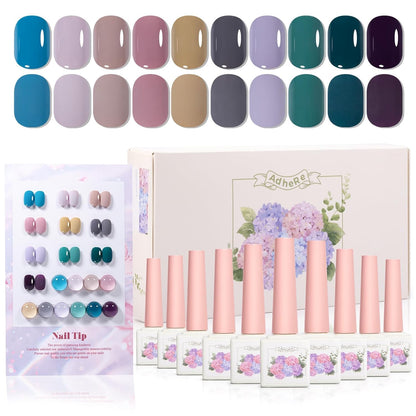 ADHERE 12ml x10 Color Polish Gel Kit, Light Purple Blue Pink Yellow Dark Green UV LED Gel Nail Polish, Soak Off Nail Varnish Gel Polish for Manicure Salon DIY Design at Home