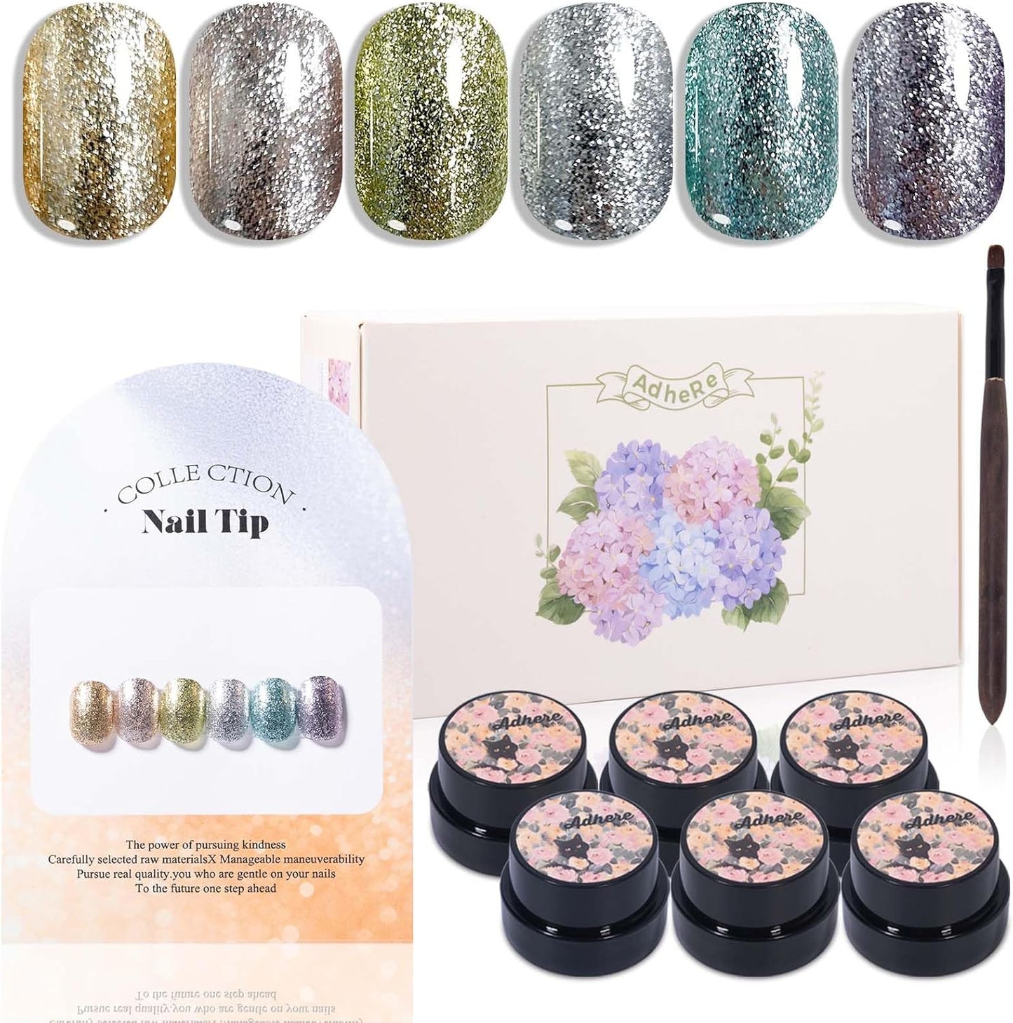 ADHERE 6pcs Platinum Glitter Gel Kit with Brush, Sparkle Sequins Shimmery Gel Nail Polish for Nail Art Manicure Salon DIY at Home