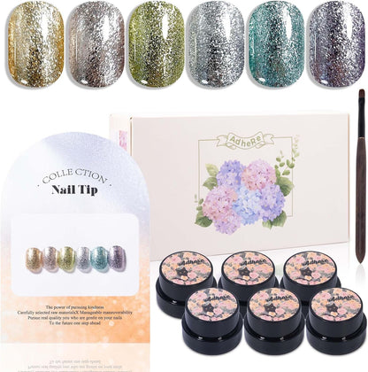 ADHERE 6pcs Platinum Glitter Gel Kit with Brush, Sparkle Sequins Shimmery Gel Nail Polish for Nail Art Manicure Salon DIY at Home