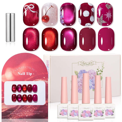 ADHERE 12ml x5 Gel Polish Kit with Magnetic Stick, 3x Cat Eye + 2x Color Gel Cat Eye Gel Polish Holographic Glitter UV LED Nail Varnish for Nail Salon DIY Design