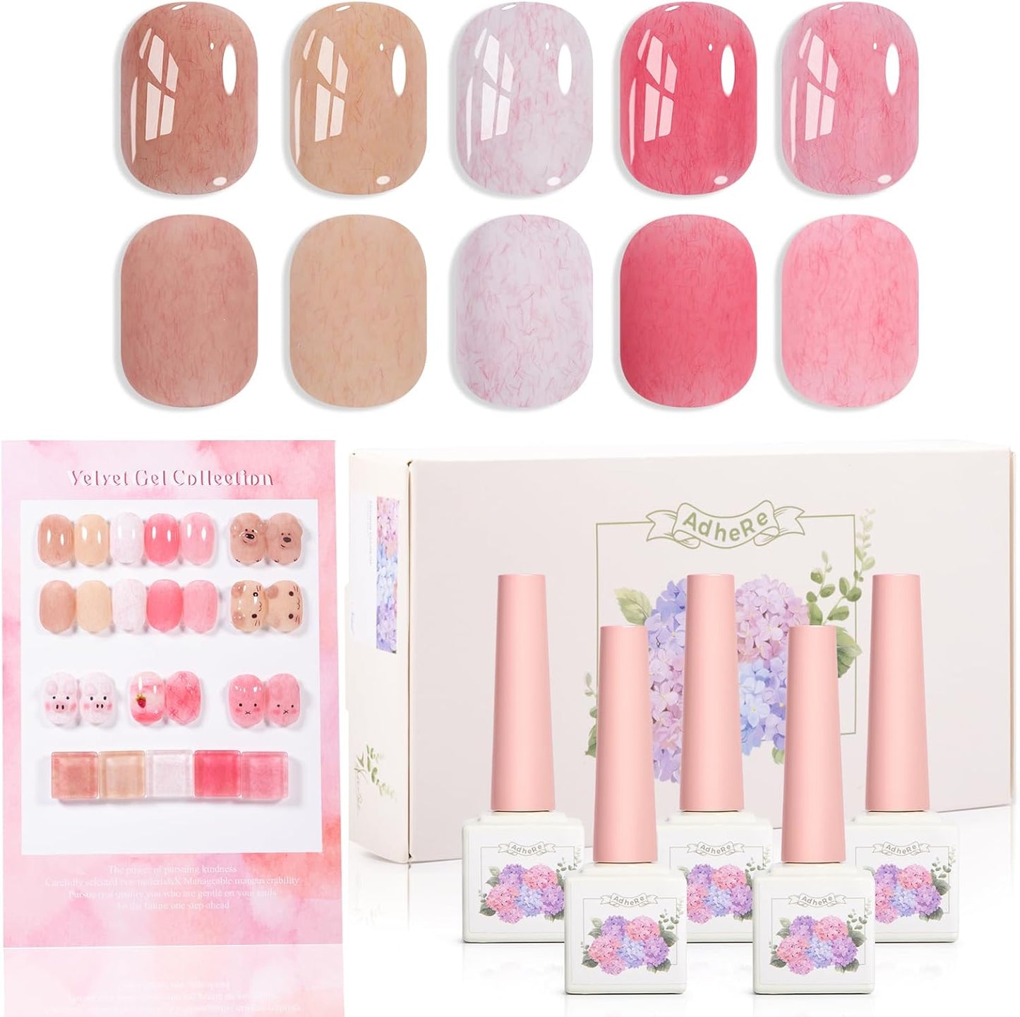 ADHERE Fur Gel Nail Polish Set, 12ml x5 Pcs Milky White Pink Beige Cinnamon Brown Furry Fall Winter Colors, Fluffy Velvety Fuzzy Feel Gel Polish Collection, UV LED Cured Nail Varnish
