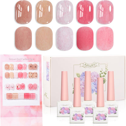 ADHERE Fur Gel Nail Polish Set, 12ml x5 Pcs Milky White Pink Beige Cinnamon Brown Furry Fall Winter Colors, Fluffy Velvety Fuzzy Feel Gel Polish Collection, UV LED Cured Nail Varnish