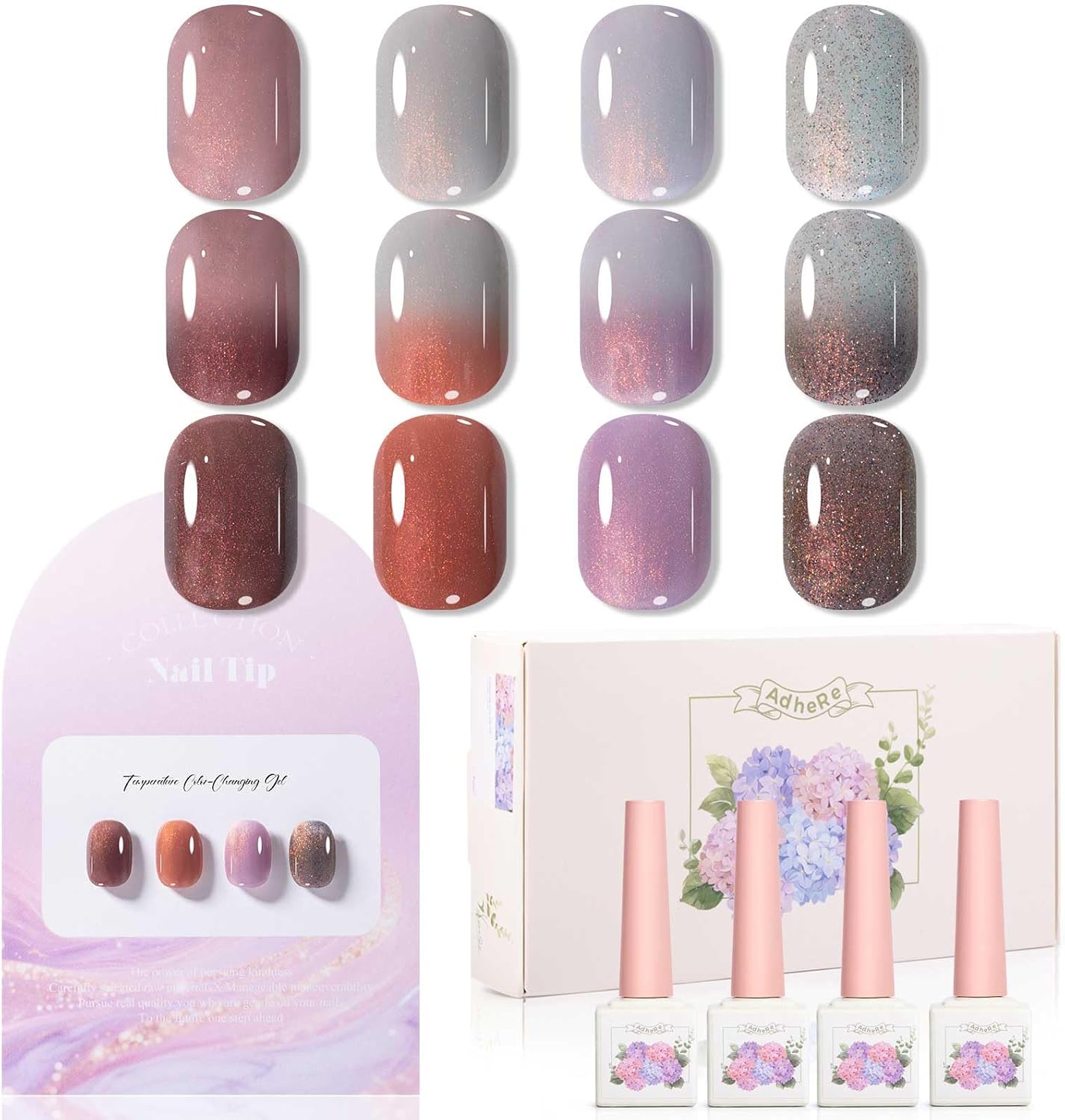 ADHERE 12ml 5pcs Color-Changing Glitter Flakies Gel Kit, Color Changing Gel Nail Polish, 1pc Temperature Change Nail Polish Gel Polish for Nail Art Manicure Salon DIY at Home