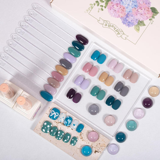 ADHERE 12ml x10 Color Polish Gel Kit, Light Purple Blue Pink Yellow Dark Green UV LED Gel Nail Polish, Soak Off Nail Varnish Gel Polish for Manicure Salon DIY Design at Home