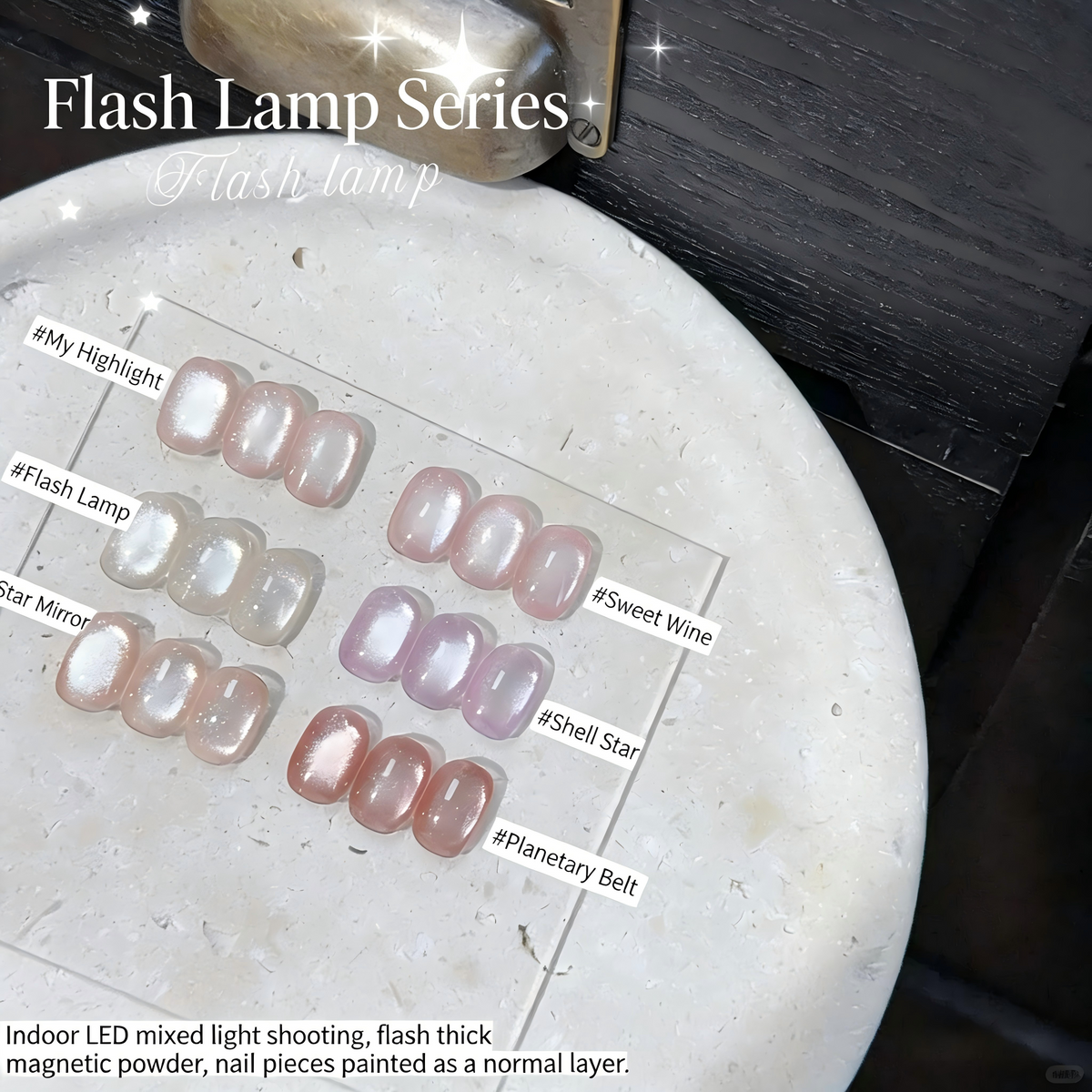 ADHERE Flash Collection, 12ml, 6 Shimmery Nude Colors, clear glitter cat eye for daily wear