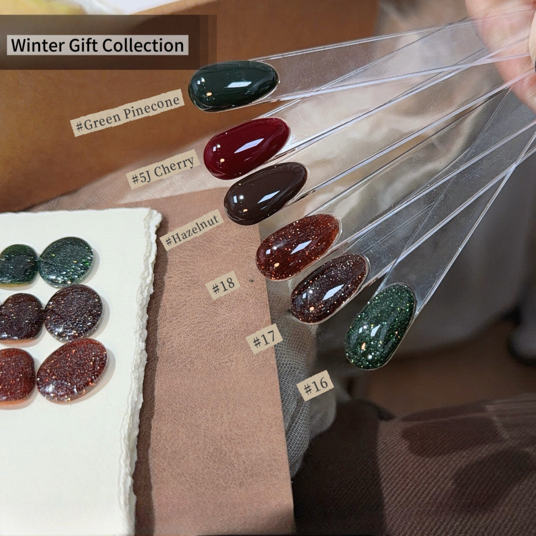 ADHERE Winter Gift Collection Gel Nail Polish Set, 15ml x6 Dark Cherry Red Brown Green Winter Colors, High Saturation Shimmer Diamond Glitter Gel for Salon & Home DIY Nail Art UV LED