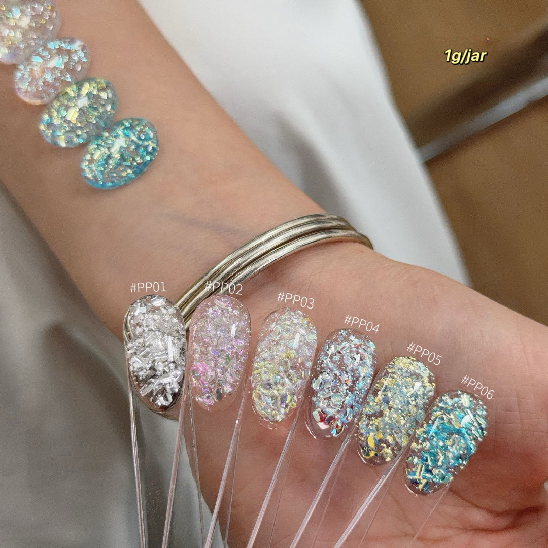 ADHERE Bubble Up Collection Iridescent Nail Glitter Set, 6 Colors 1g/Jar Cat Eye Bubble Flakes, Crystal Sparkle Sequins for Gel Nail Art & DIY Manicure