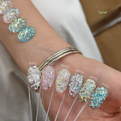 ADHERE Bubble Up Collection Iridescent Nail Glitter Set, 6 Colors 1g/Jar Cat Eye Bubble Flakes, Crystal Sparkle Sequins for Gel Nail Art & DIY Manicure